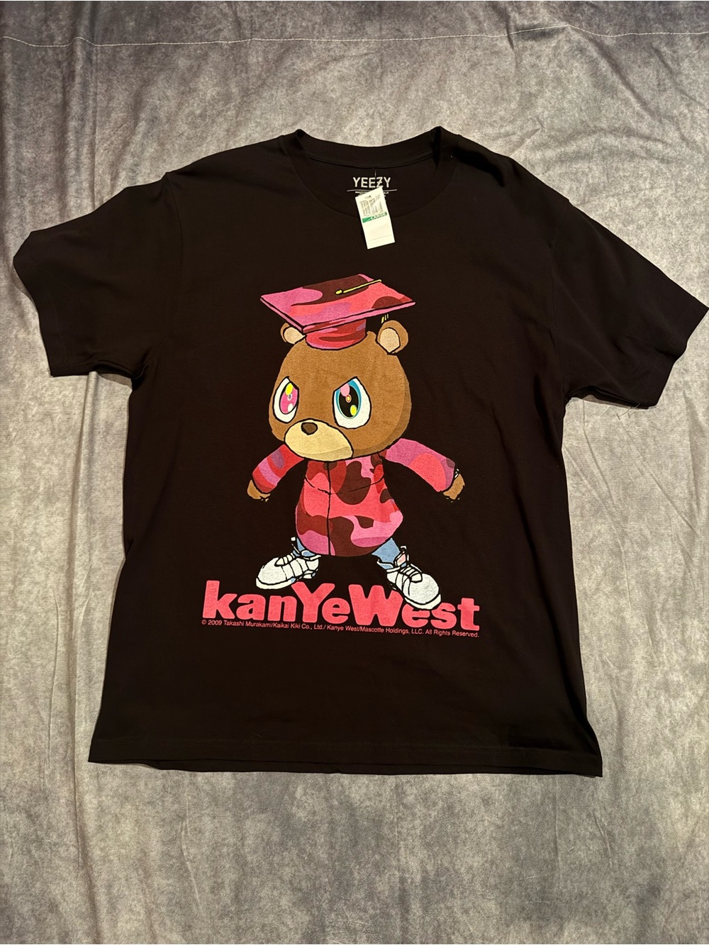 Yeezy Black Kids' Bear Graphic Tee with Pink Accents